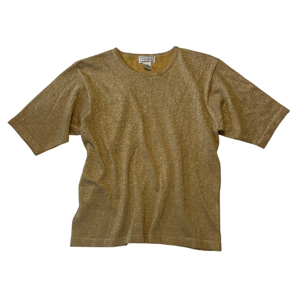 K.D. Cray Vintage Gold Metallic Glitter Knit Crewneck Short Sleeve Top Medium